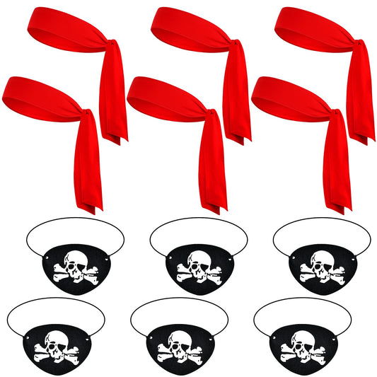 12 PCS Halloween Pirate Party Supplies Include 6 Red Pirate Head Bandana Tie Headband Sports Headwear Tie 6 Black Felt Captain Eye Patches Skull Crossbones Costume Accessories for Party Stage Cosplay