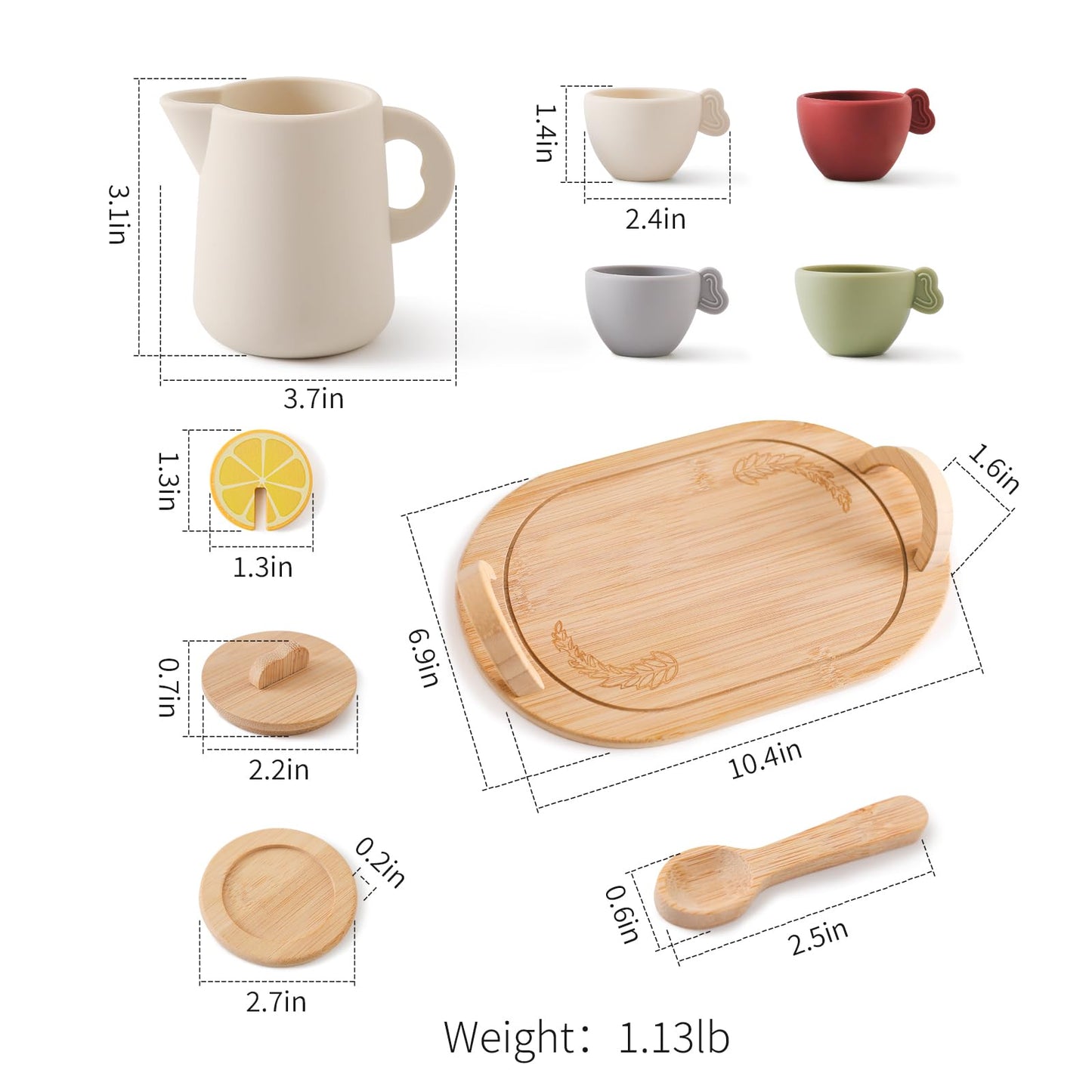 Wooden Tea Party Set for Little Girls 14pcs Toddler Tea Set with Silicone Teapot Cups Carrying Tray Scoop Kids Kitchen Accessories Pretend Play Wooden Toys for 3 4 5 6 Year Old Girl Birthday Gift