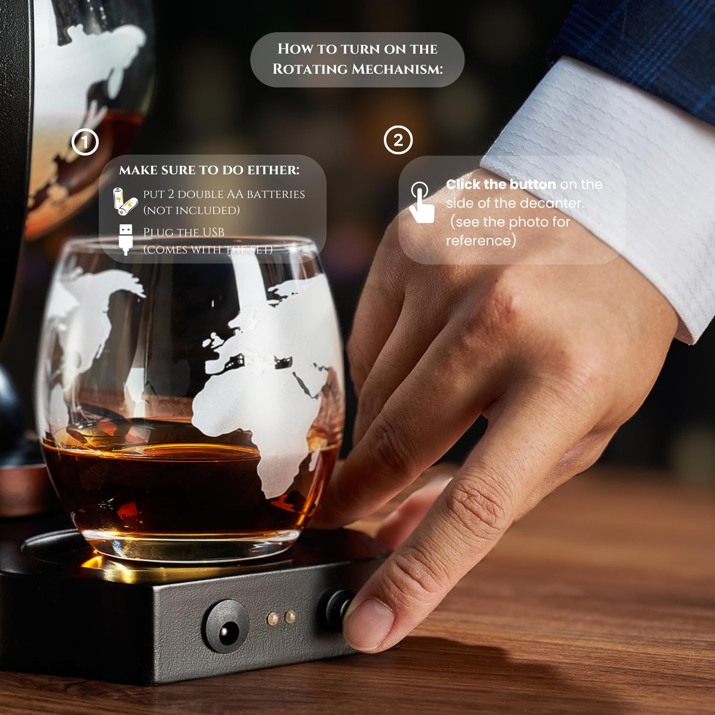Whiskey Decanter Rotating Globe Set with 2 Etched Whiskey Glasses - Gifts Men Dad, Anniversary Birthday House Warming, Liquor Scotch Bourbon Vodka Gift Him Husband 850ml Ship Decanters, Electronic Set