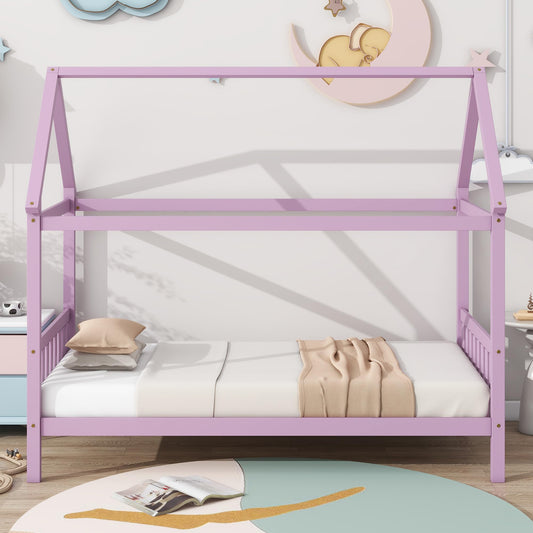 A ALFRESCOOL Twin Size House Roof Bed with Headboard and Footboard, Rubber Wood Low Floor Bed Frame with Slat Support for Toddlers Teens Girls Boys, No Box Spring Needed, Pink