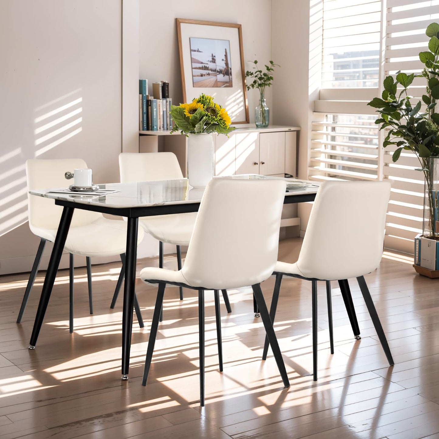 Aimerive Dining Chairs Set of 4, Faux Leather Dining Chairs, Upholstered Chair, Modern Dining Room Chairs with Black Metal Legs, Beige