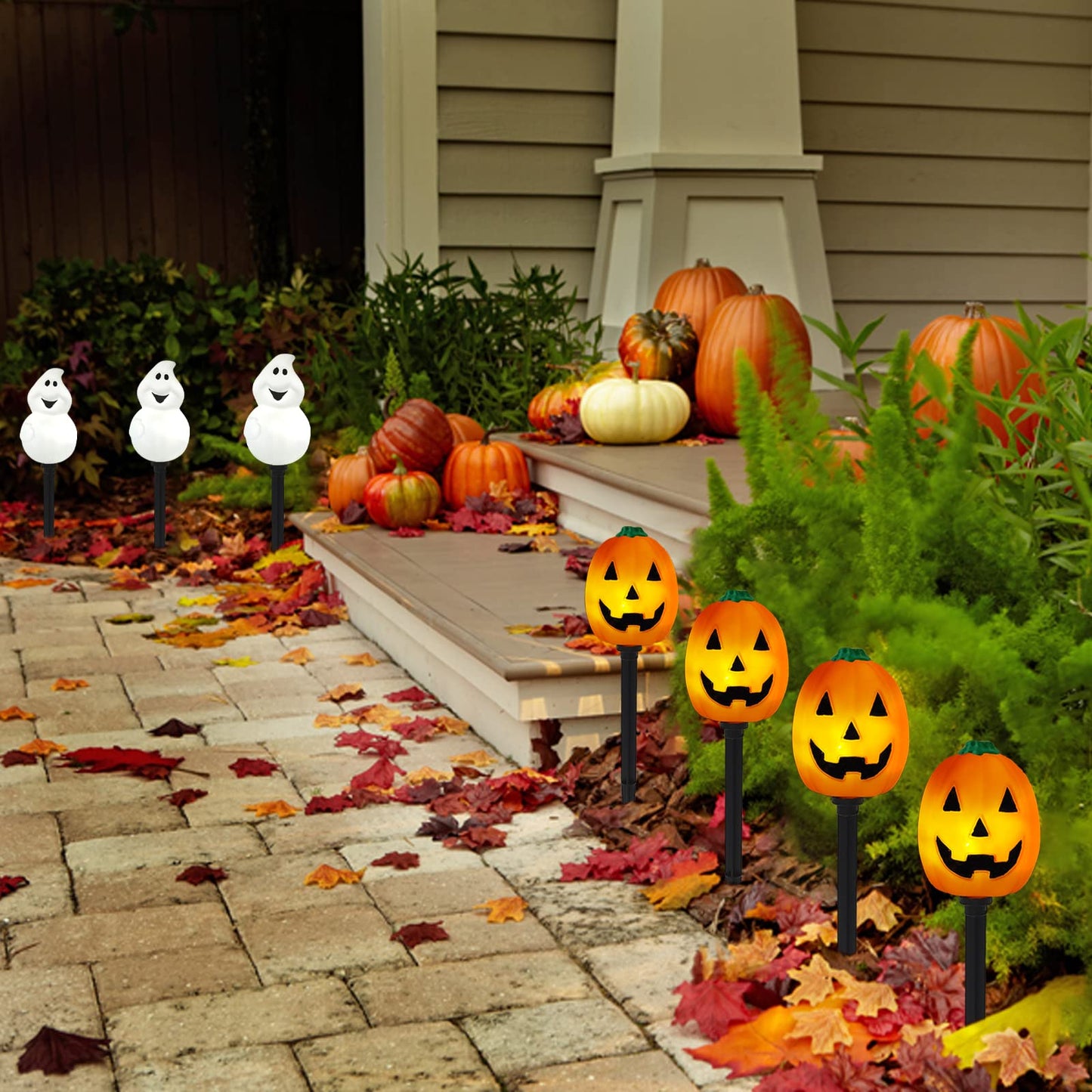 Halloween Pumpkin Pathway Lights Outdoor, Set of 4 Pre-lit Jack-O-Lanterns Pathway Markers Stake Battery Operated Waterproof for Path, Yard, Lawn, Garden, Landscape Halloween Party