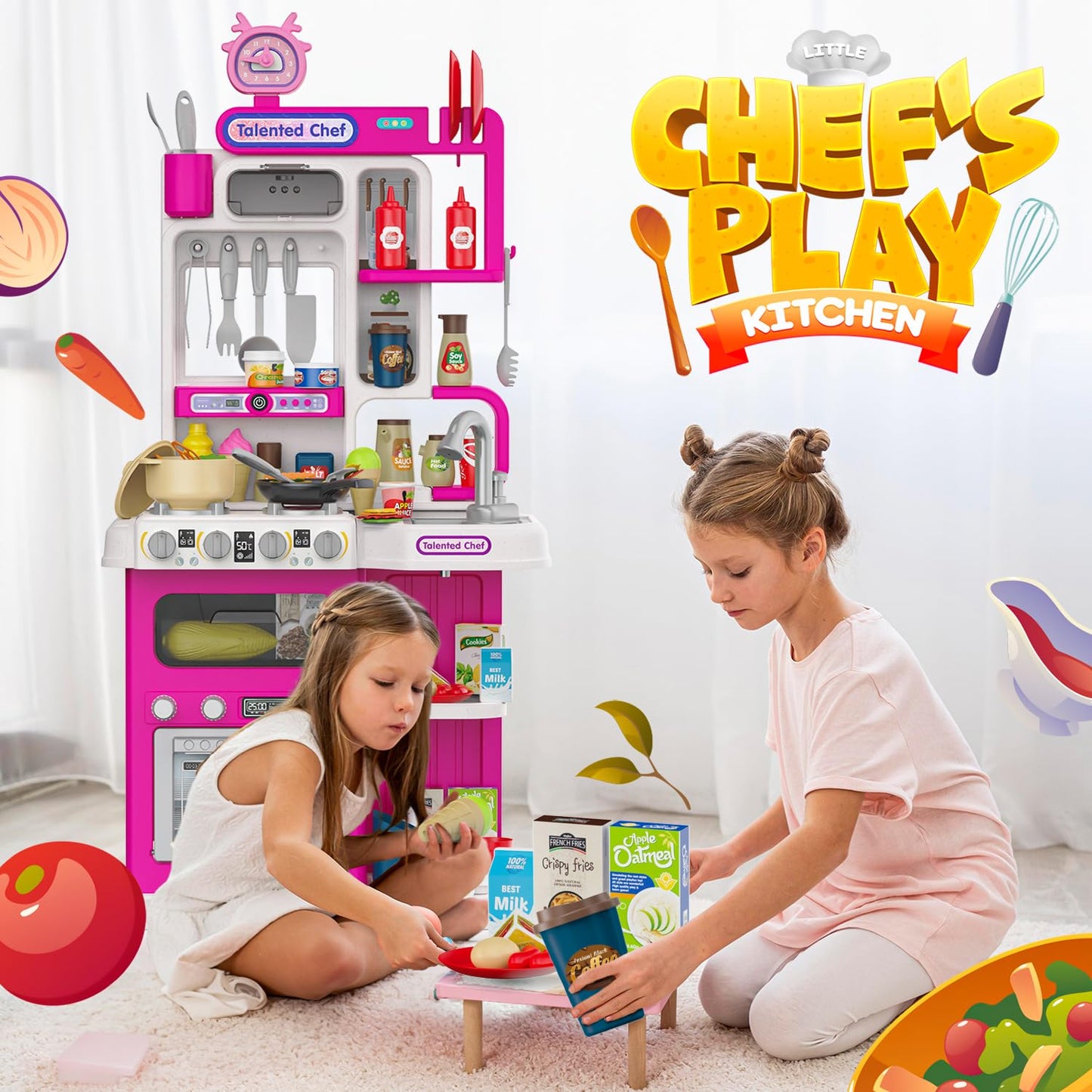 96PCS Kids Play Kitchen with Sound & Light, Cooking Stove with Steam, Play Food Toy Set for Boys and Girls (Pink)