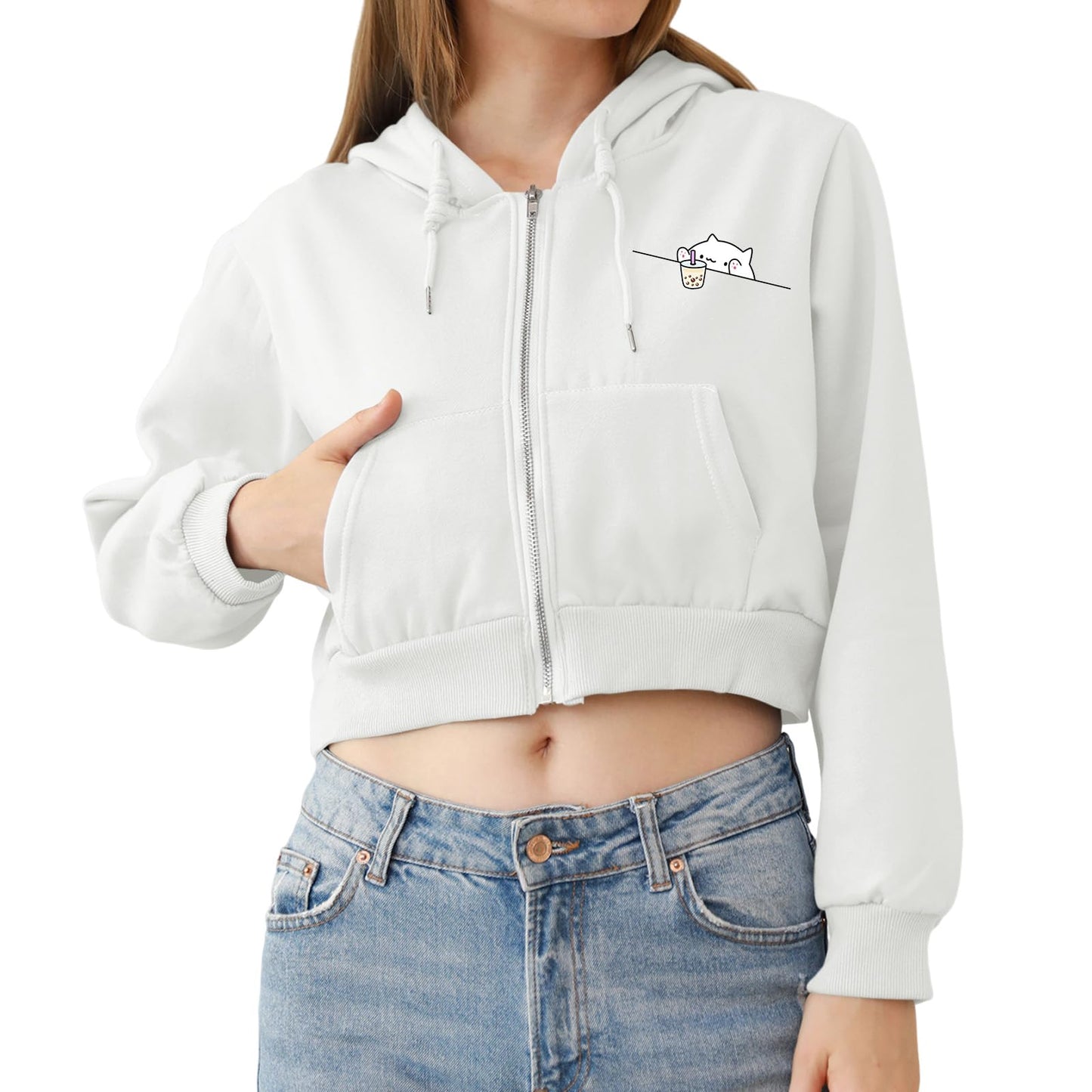 Wrenpies Cute Cropped Zip Up Hoodie for Teen Girls Cartoon Cat Graphic Kawaii Aesthetic Pockets Hooded Sweatshirts Jackets (White,S,Small)