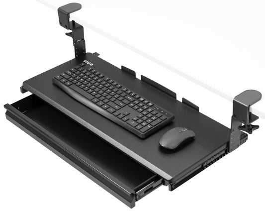 VIVO Large Height Adjustable Clamp-on Keyboard Tray, Extra Sturdy Pull Out Platform with Storage Drawer, 27 (33 Including Clamps) x 11 inch Slide-Out Tray with Organizer, Black, MOUNT-KB05HB-DR