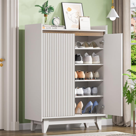 White Fluted Shoe Cabinet, 5-Tier Shoe Storage Cabinet with Adjustable Shelves, 43.7”H Tall Shoe Cabinet Storage for Entryway Hallway Living Room, Shoe Rack Organizer White & Walnut Wave Fluted Design