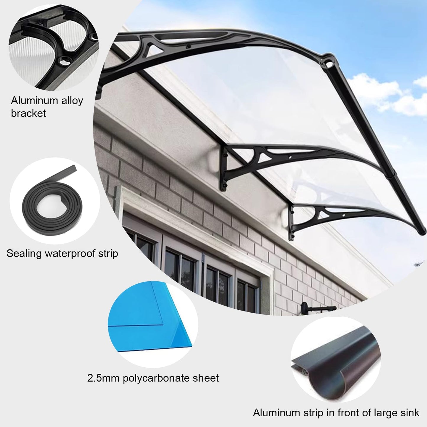 Window Awning Front Door Canopy, Outdoor Awning, Back Porch Garden Awning, Aluminum Alloy Large Sink, Modern Silent Polycarbonate Cover, Patio Porch Awning-Brown-60x60cm/24 x24