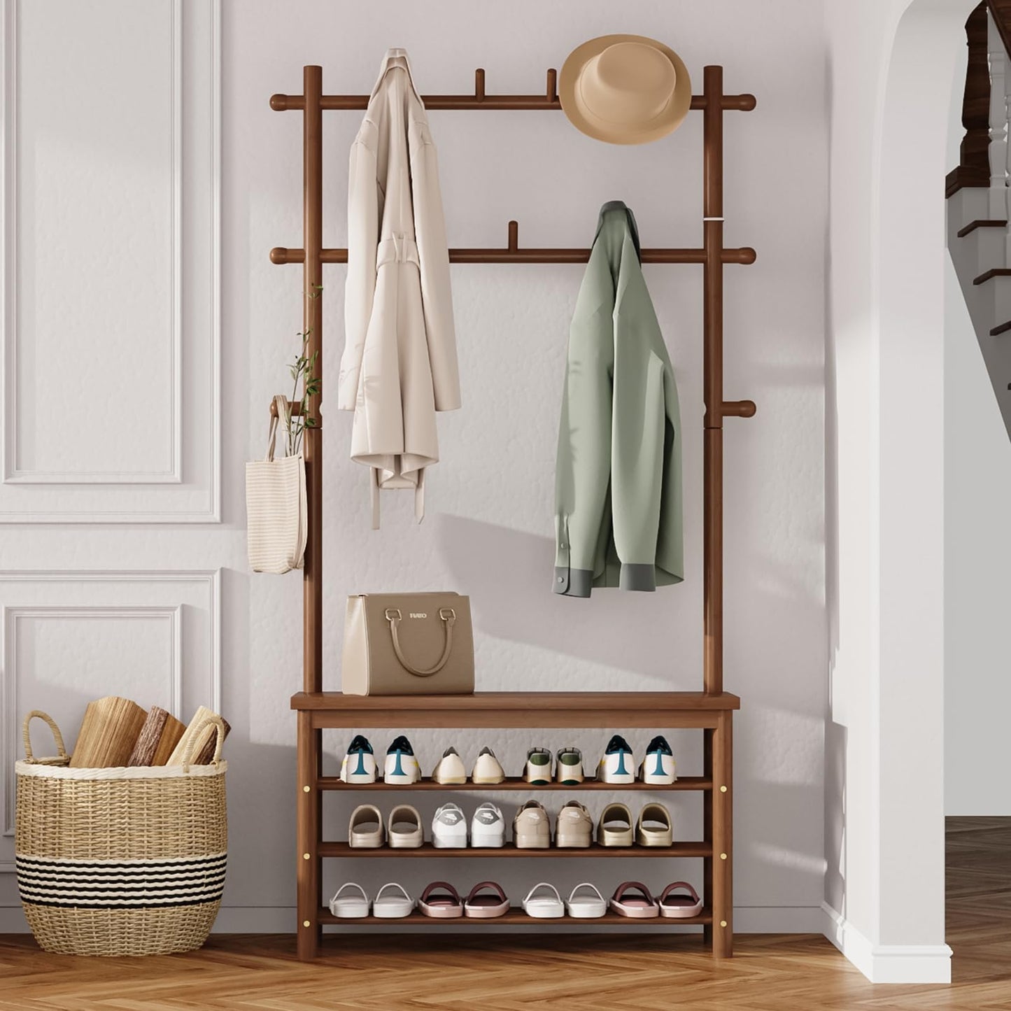 Welfuturer Bamboo Hall Tree with 13 Hook, 6-in-1 Entryway Bench with Coat Rack Freestanding, Coat Rack with Shoe Storage Bench Organizer for Mudroom, Bedroom, All-in-One Shoe Rack,Walnut