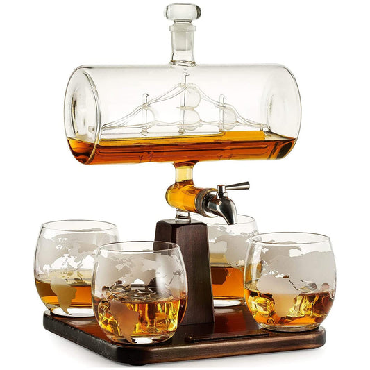 Whiskey Decanter Globe Set with 4 Etched Whiskey Glasses - for Liquor Scotch Bourbon Vodka, Gifts For Men - 1250ml Unique Ship Sails Set for Home Bar, Bourbon, Birthday Gift for Dad