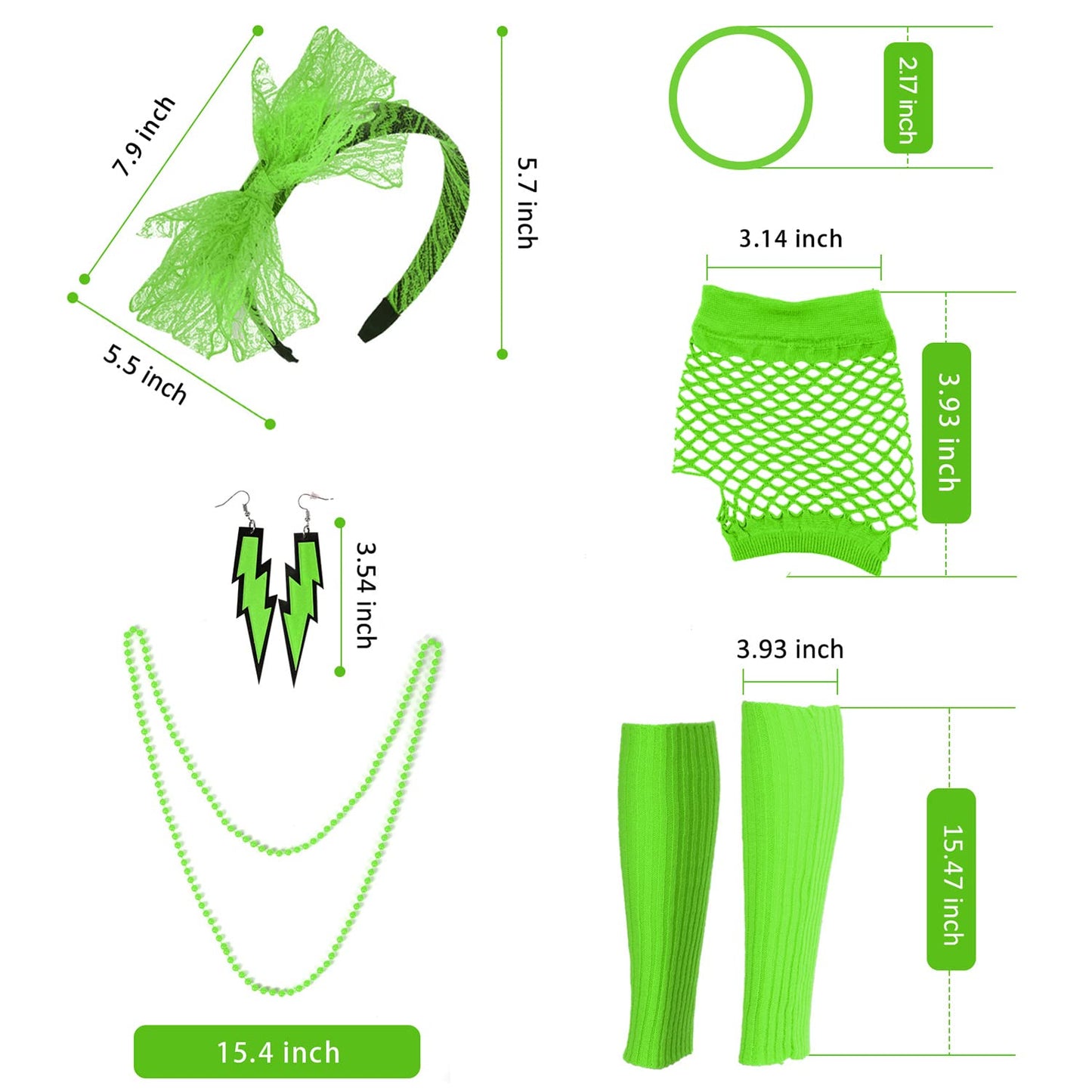 Women's 80s Costume Accessories Set，Lips Print Off Shoulder Tops Headband Leg Warmers Fishnet Gloves Printed Leggings (E-Green-tutu skirt, M)