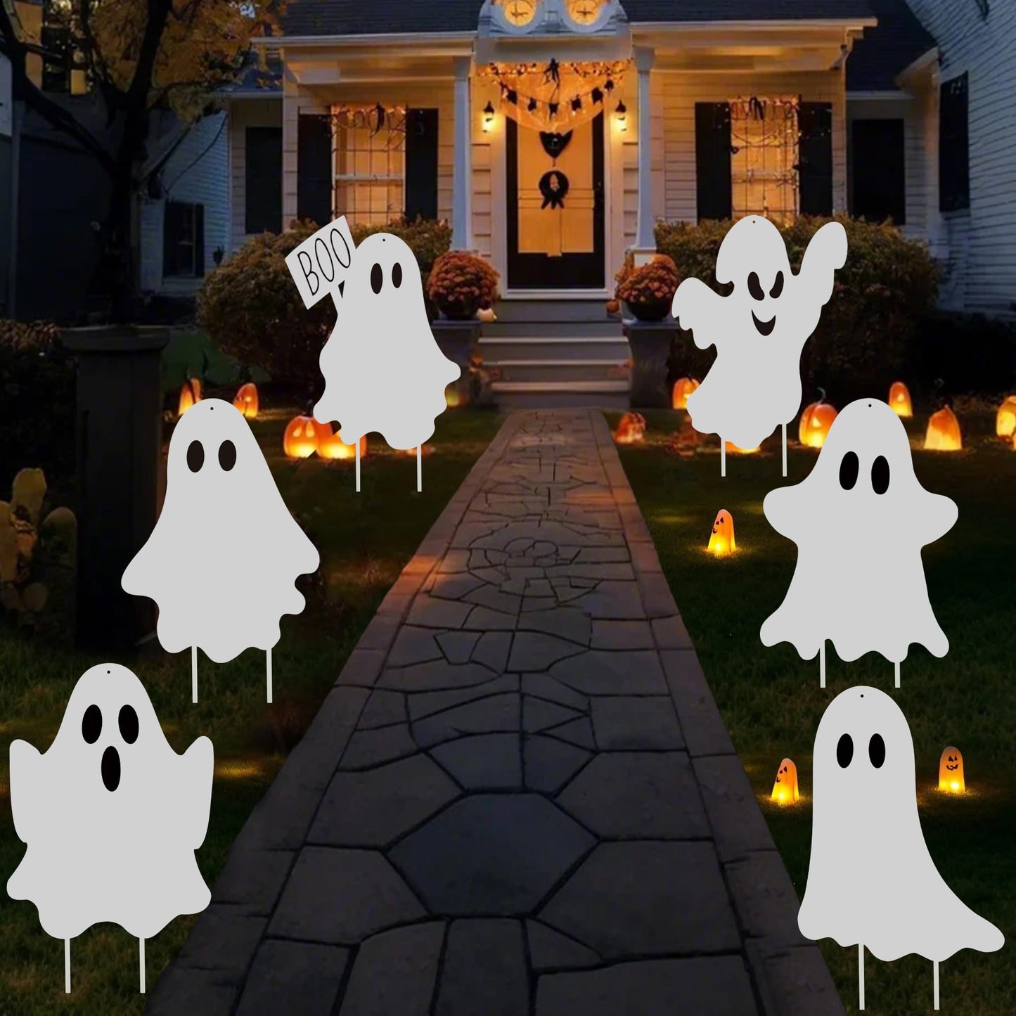 8PCS Halloween Ghost Yard Signs Boo Ghost Outdoor Decor with Stakes Double-Side Hanging Ghosts Plastic Scary Spooky Decoration for Home Front Yard Patio Garden Halloween Party Decorations