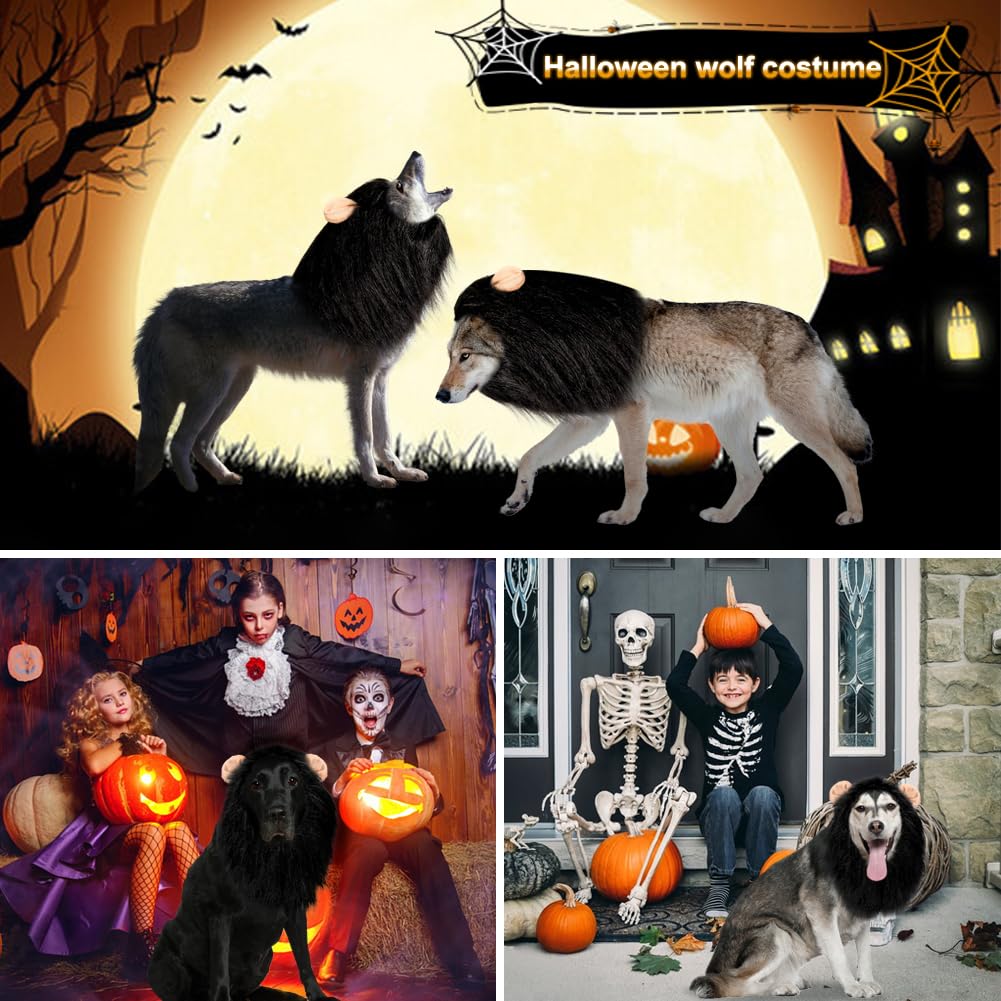 Vivifying Lion Mane (Black) for Medium & Large Dogs - Adjustable Pet Costume with Faux Fur, 13.77in x 14.5in, Up to 27.55in Neck Girth, Halloween Dog Accessory