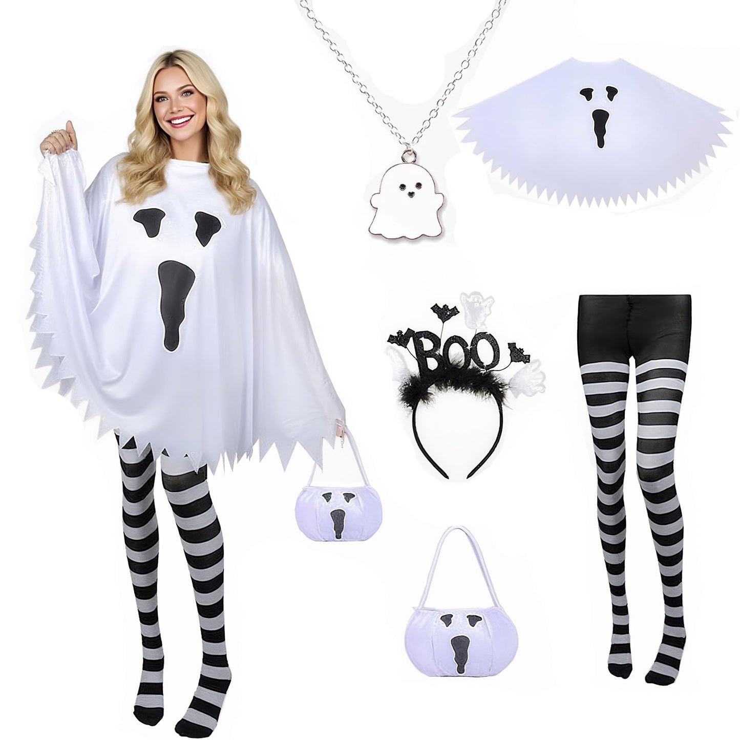 5 PCS Halloween Costume Set for Women Adult Ghost Costume, Poncho, Candy bag, Ghost Headband and Nylon Striped Tights for Halloween Cosplay Party