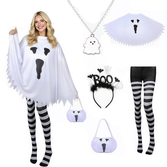 5 PCS Halloween Costume Set for Women Adult Ghost Costume, Poncho, Candy bag, Ghost Headband and Nylon Striped Tights for Halloween Cosplay Party