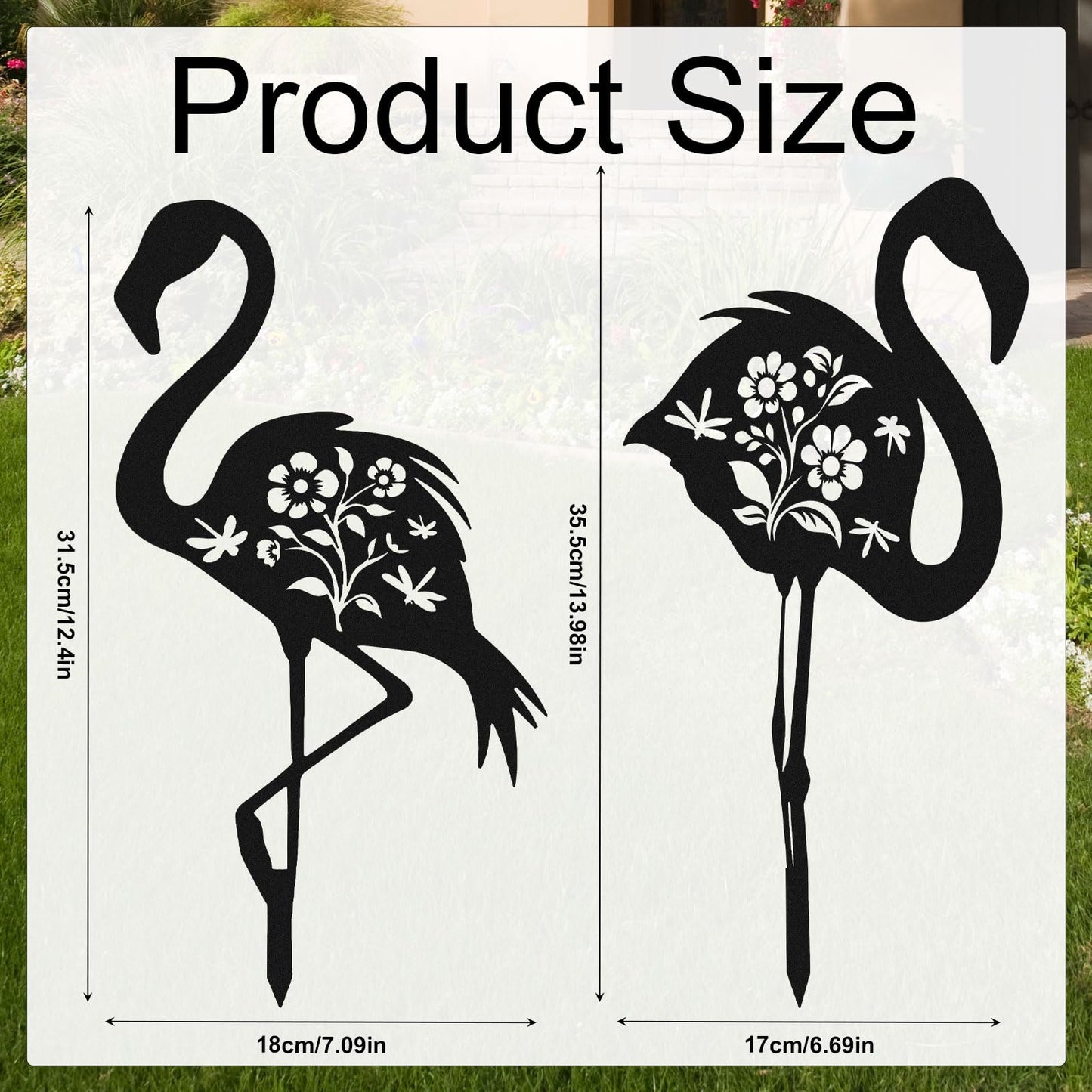 2pcs Flamingo Metal Yard Stakes, Whimsical Flamingo Yard Decor Black Decorative Garden Stakes for Lawn Patio Backyard Outdoor Decor