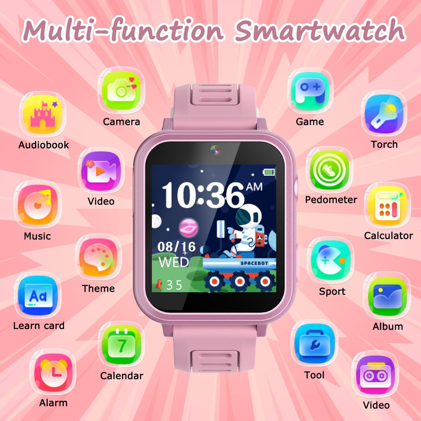 Wiszodet Smart Watch for Kids with 36 Games HD Touch Touchscreen Alarm Clock, Camera Music Player Pedometer Flashlight 12/24 hr Video & Audio Recording, Toys Gift for 3-12 Years Old Girls