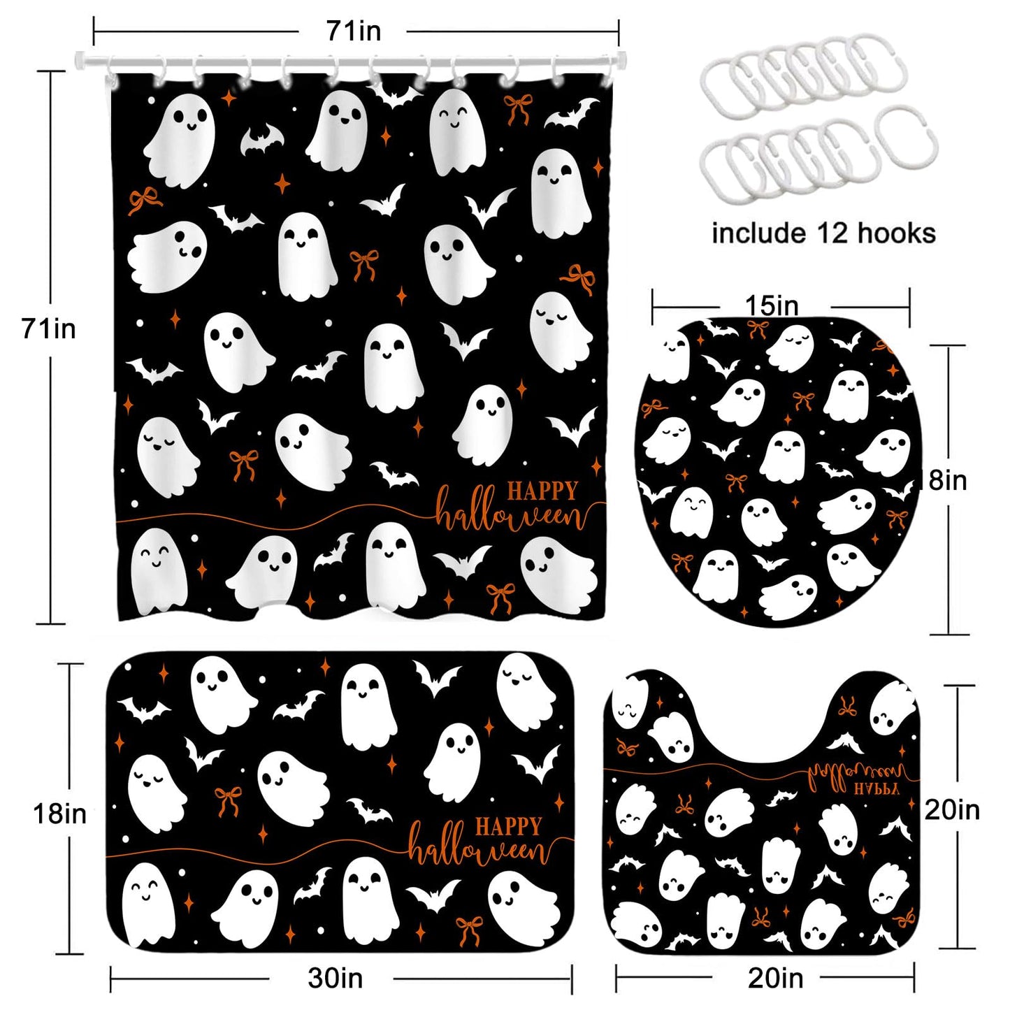 4Pcs Halloween Shower Curtain Set Black Spooky Bow Ghost Shower Curtain Set for Halloween Bathroom Decor with Anti-Slip Waterproof Bathtub Bathroom Rugs Toilet Lid Cover