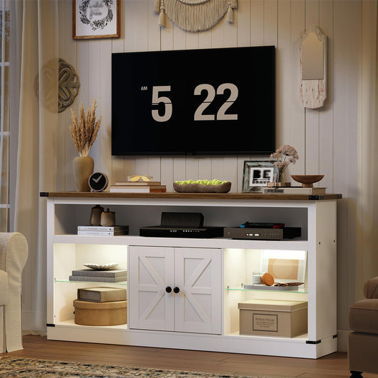 YATINEY Farmhouse TV Stand for 65 Inch, Entertainment Center with Sensor LED Light, Media TV Console Table with Storage Cabinet and Glass Shelves, for Living Room, Bedroom, White and Walnut DS06WN
