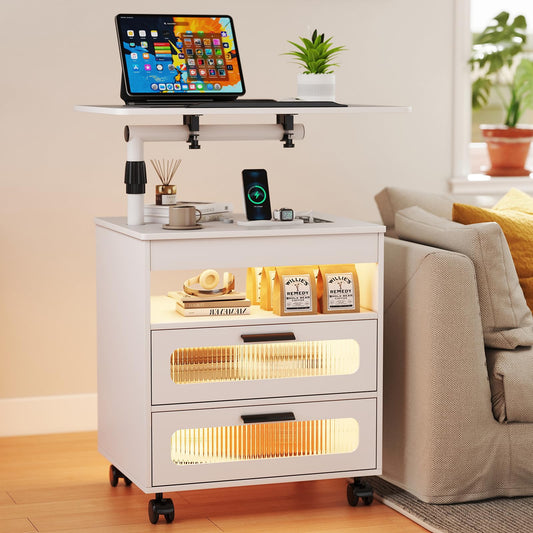 WOOVIVS LED Night Stand with Charging Station, Smart Nightstand wiht Human Body Lights, Modern Bedside Table has Adjustable Rotary Workstation/2 Drawers/Wheel for Bedroom/Livingroom (White)
