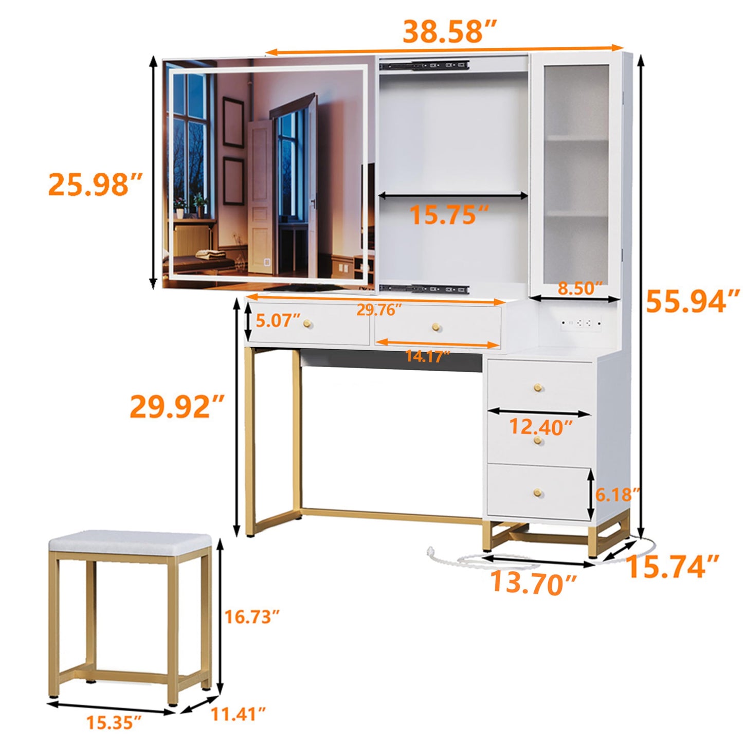 Wildhome Vanity Set with Lighted Mirror and Charging Station, Extra Large Mirror Makeup Vanity Table with Cushioned Stool,5 Drawers, Modern Vanity Table with Nightstand, White and Gold