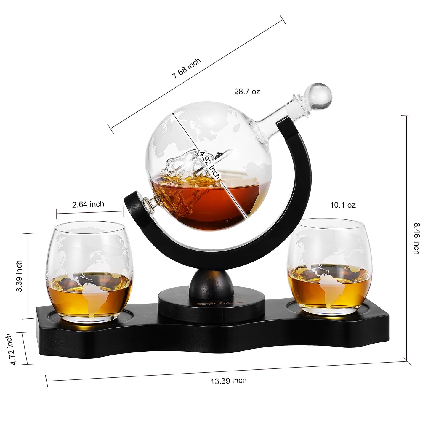 Whiskey Decanter Rotating Globe Set with 2 Etched Whiskey Glasses - Gifts Men Dad, Anniversary Birthday House Warming, Liquor Scotch Bourbon Vodka Gift Him Husband 850ml Ship Decanters, Electronic Set