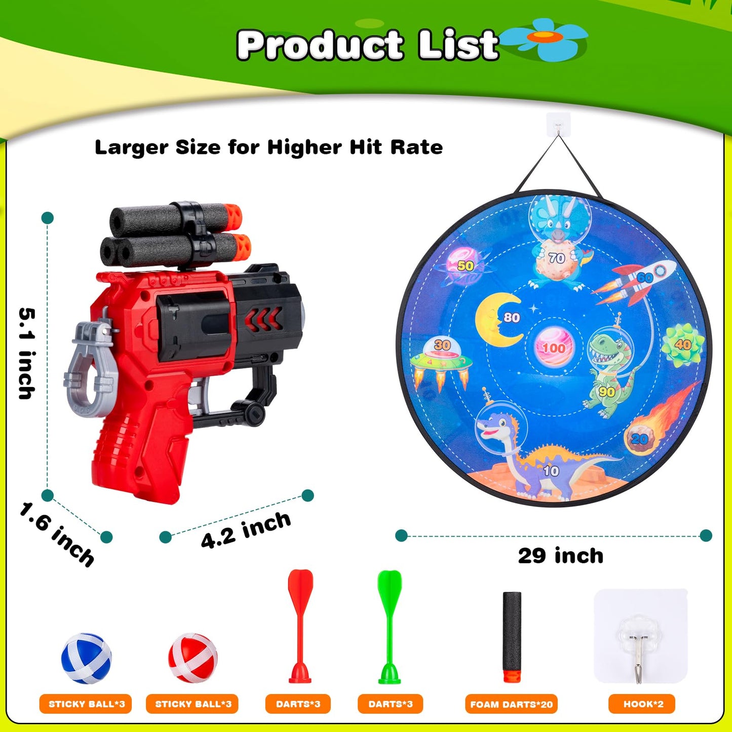 29" Dart Board for Kids - Double Sided Shooting Games with 2 Toy Guns, 6 Sticky Balls and Darts, Indoor Outdoor Party Sport Toys for 3 4 5 6 7 8 Years Old Boys Girls