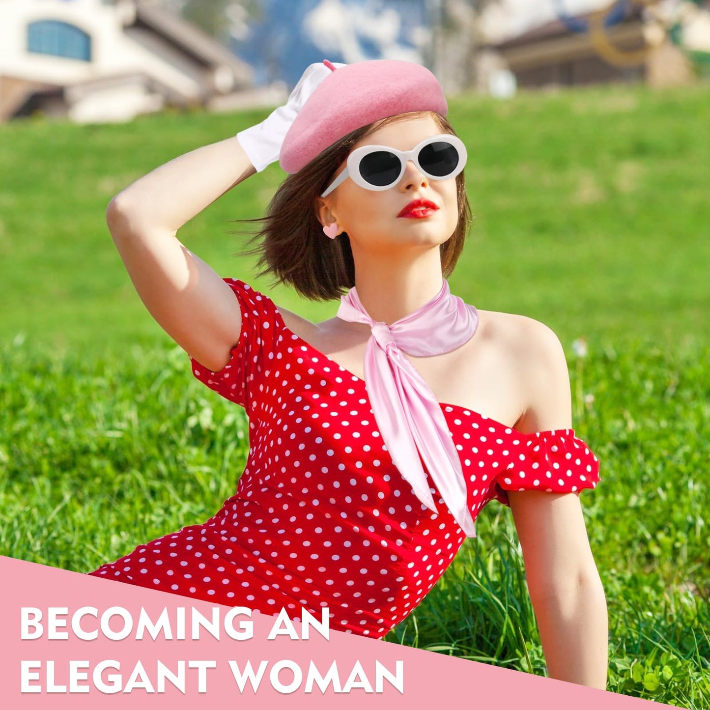 XEPST 6PCS French Women set - 50s Fancy Dress for Women with French Beret Hat Sunglasses Scarf Gloves Earrings 1950s Costume Kit for Halloween Costume Cosplay Carnival Fancy Dress Up, Lightpink
