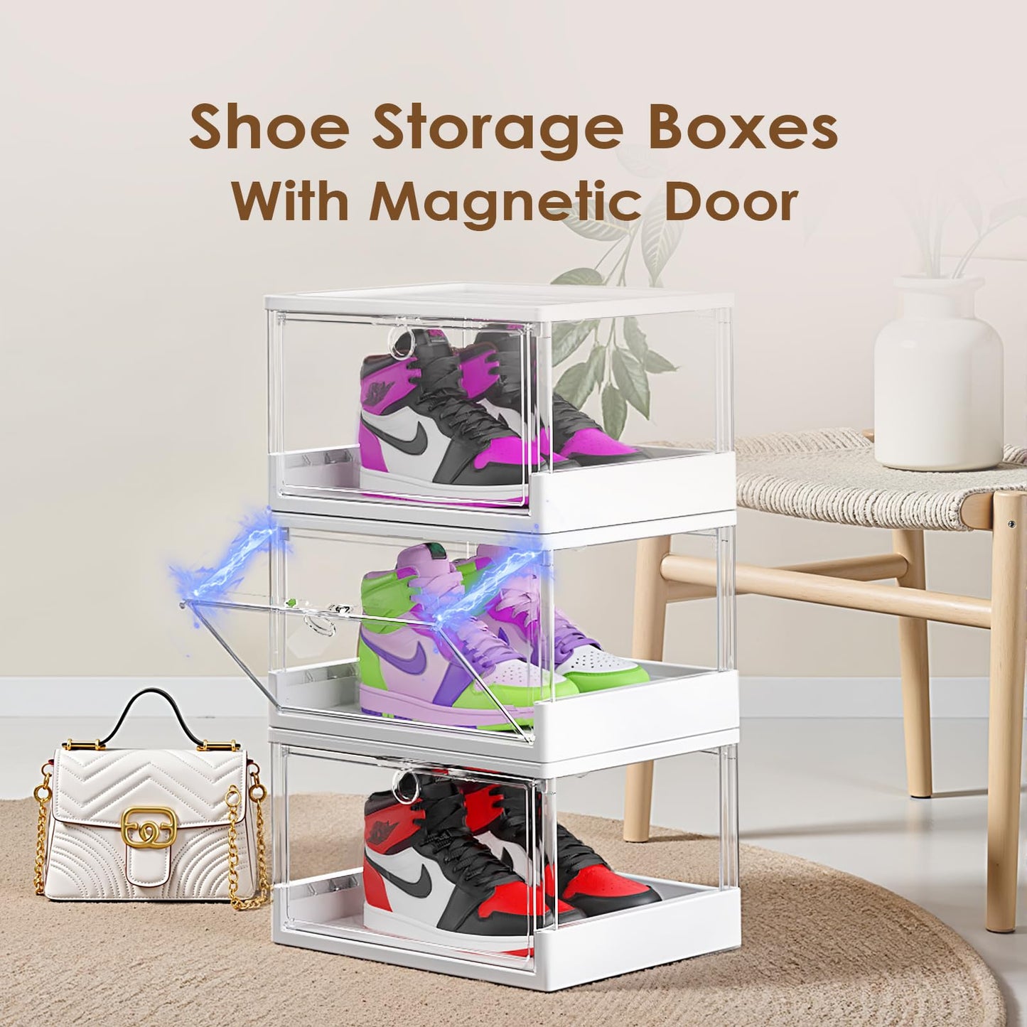 XUPAINC Thicken & Sturdy Clear Shoe Boxes with Magnetic Door, 12 Pack Stackable Boxes for Closet, Sneaker Storage for Sneakerhead, Shoe Display Case, Boots and Hat Organizer, Fits US Size 13