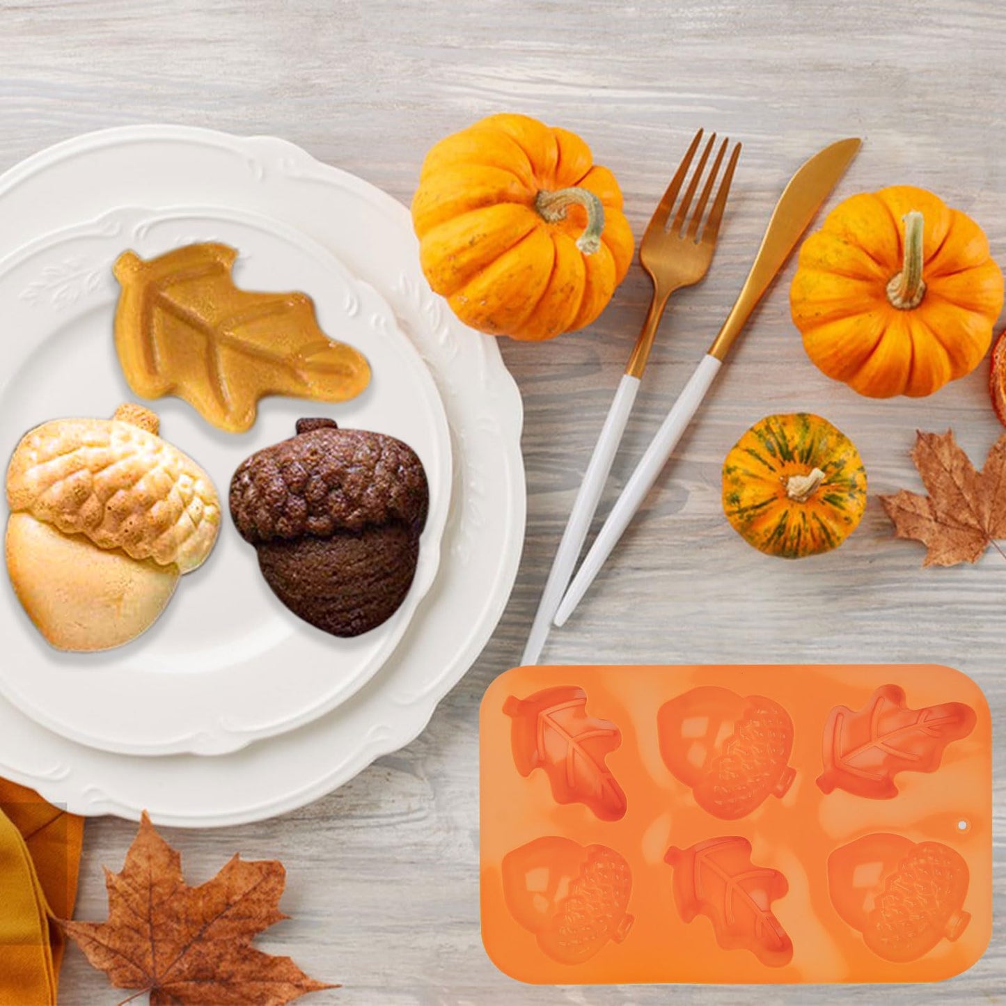 3 Pack Acorn Leaf Silicone Chocolate Molds, 3D Thanksgiving Fall Theme Candy Molds Fall Autumn Baking Molds for Jelly Pudding Brownie Soap Ice Cube Trays Candle Muffins Cake Decor Making