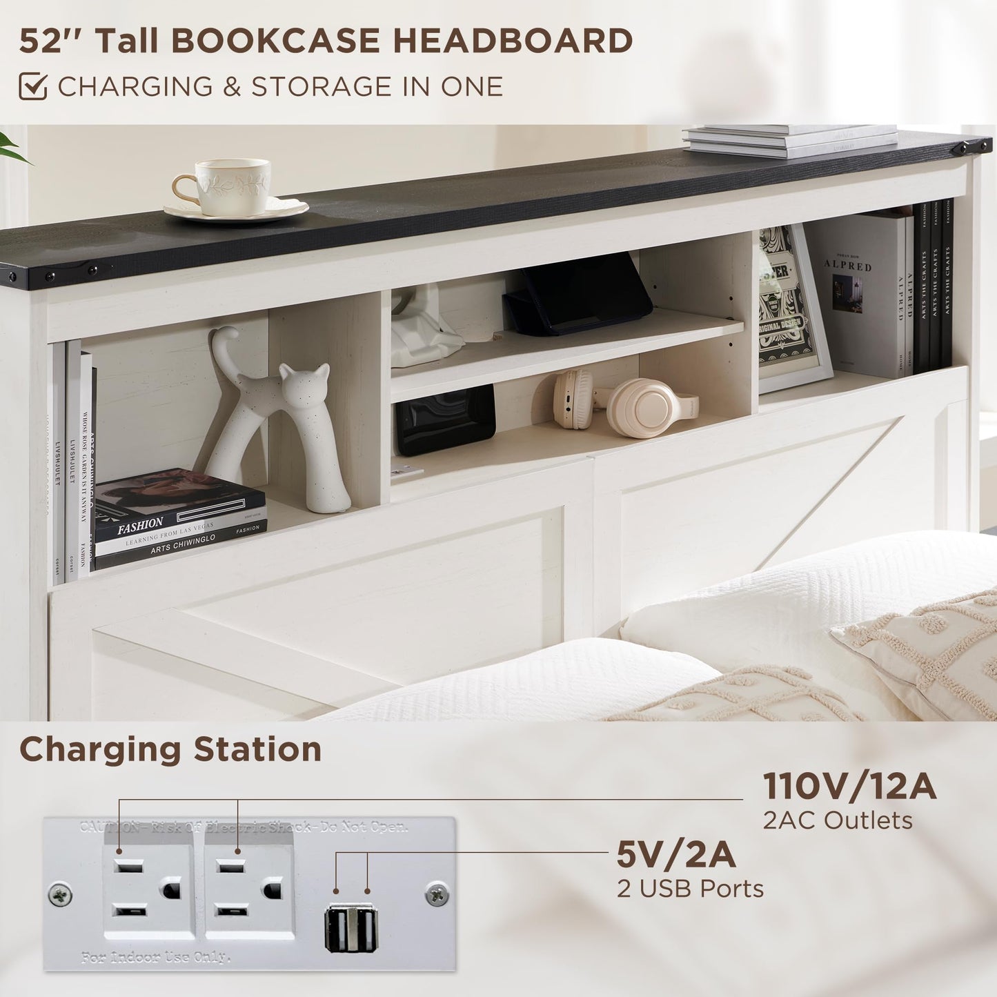 ACCOHOHO Farmhouse Queen Size Wood Bed Frame with 52" Tall Storage Headboard and 4 Drawers,LED Light,Charging Station,Solid Wood Slats Support,Noiseless,No Box Spring Needed,Antique White