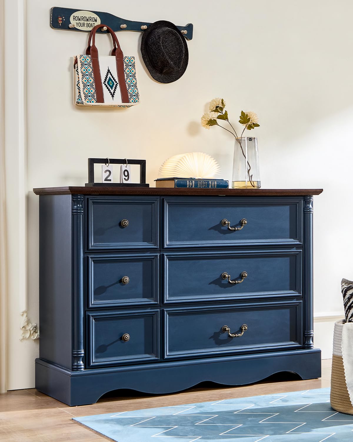 6 Drawers Dresser, Farmhouse Chest of Drawers with Charging Station, Refined Blue Finish Design, Modern Storage Dressers Organizer TV Stand for Bedroom, Living Room, Hallway, Indigo Blue