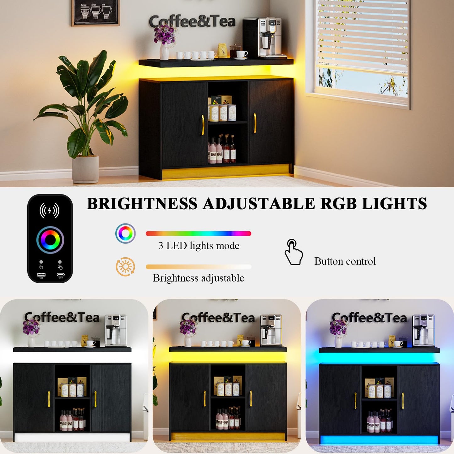 4 EVER WINNER Buffet Cabinet with Storage, Modern Sideboard Cabinets with Led Lights, Floating Coffee Station with Adjustable Shelves, Coffee Bar Cabinet for Kitchen, Dining Room