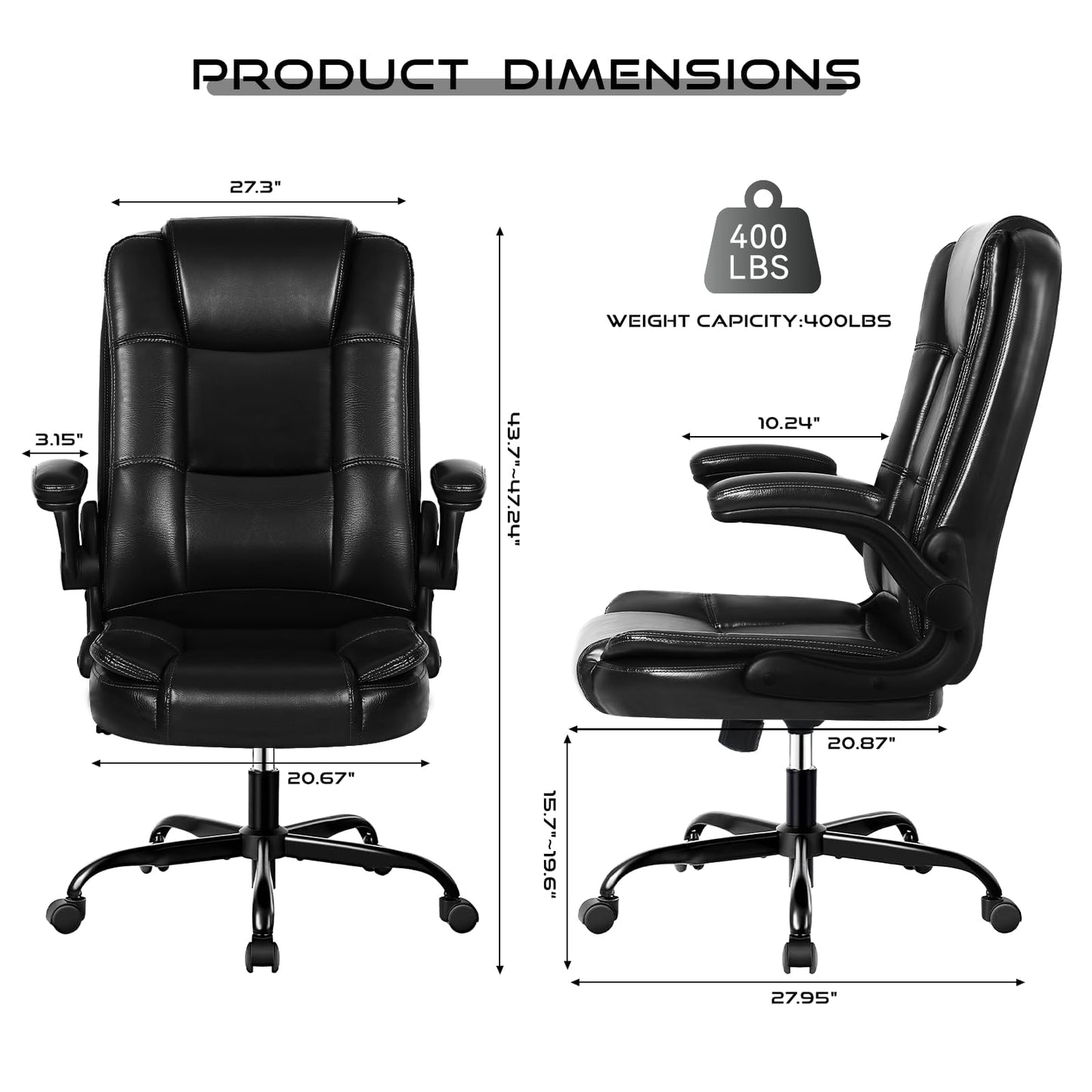 VITESSE Ergonomic Office Chair with Flip-up Armrests, Big and Tall Leather Executive Office Chair, High Back Lumbar Support Home Computer Desk Chair, Heavy and Duty Computer Chair (Black)