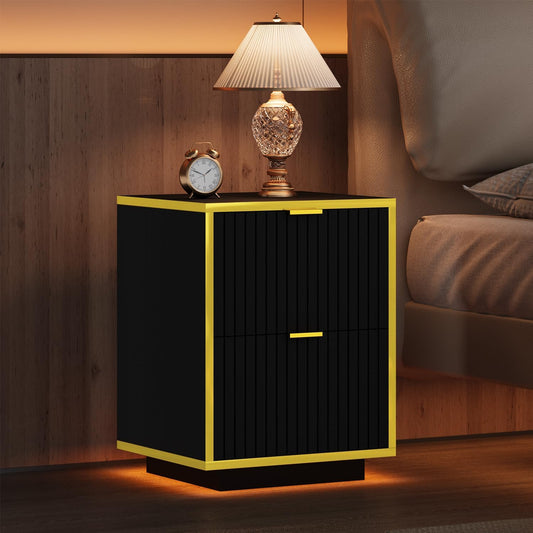 4ever2buy Black Nightstand with LED Lights, Morden Bedside Table with Gold Frame, Fluted Nightstand with Drawers, 18 Inch Night Stand with Storage, Side Table for Bedroom, Black and Gold