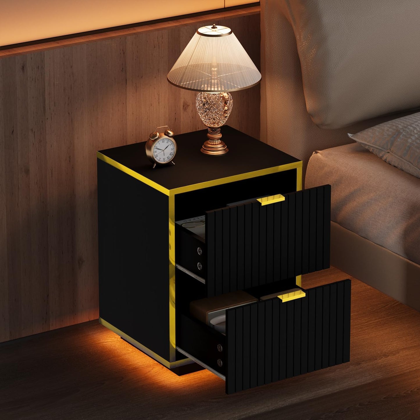 4ever2buy Black Nightstand with LED Lights, Morden Bedside Table with Gold Frame, Fluted Nightstand with Drawers, 18 Inch Night Stand with Storage, Side Table for Bedroom, Black and Gold