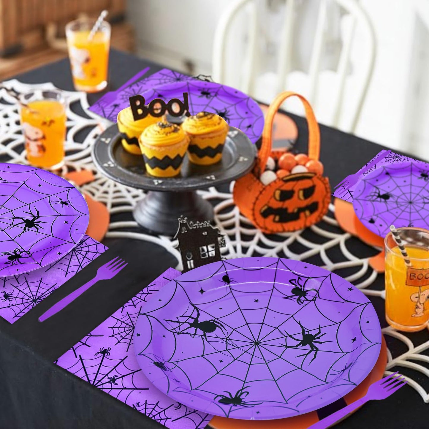 96 Pieces Halloween Spider Web Tableware Party Supplies - Disposable Dinnerware Set with Paper Plates, Napkins, and Forks for Spooky Halloween Party Supplies, Birthday Decorations - Serves 24 (Purple)