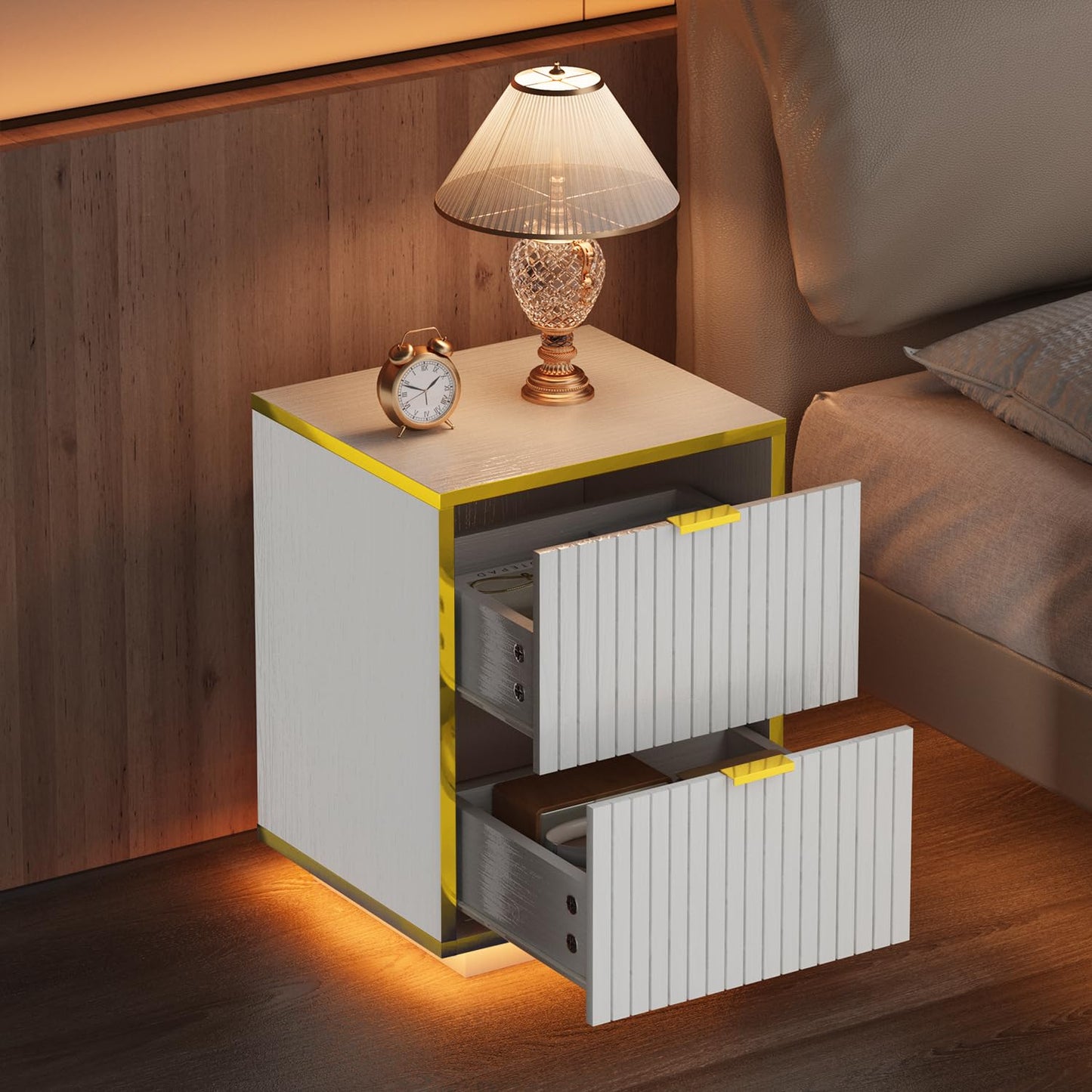 White and Gold Nightstand with 2 Fluted Drawers, 18 Inch Night Stand with Storage, White Night Stand with Golden Handles, Mid Century Modern Nightstand for Bedroom,White and Gold