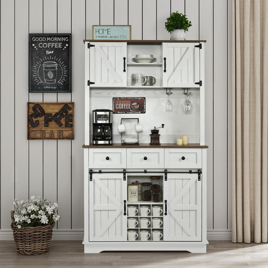 72" Farmhosue Coffee Bar Cabinet with Storage Shelves and 3 Drawers, Kitchen Hutch Storage Cabinet with Sliding Barn Door & Wine Racks & Wine Glass Holder, Bar Cabinets for Home/Living Room, White