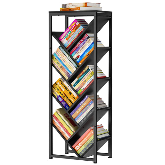9 Tier Tree Bookshelf - Black Book Shelf Floor Standing Modern Bookcase for Hardcover Books, Small Bookshelf for Small Spaces Bookshelves Wooden Book Storage Organizer Shelves for Bedroom Living Room