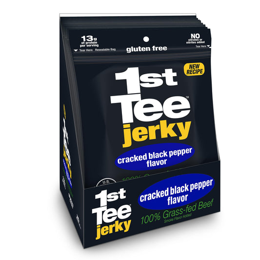 1st Tee Cracked Black Pepper Beef Jerky made with grass-fed beef jerky, 13 grams proteins and one gram fat per serving 2.5oz