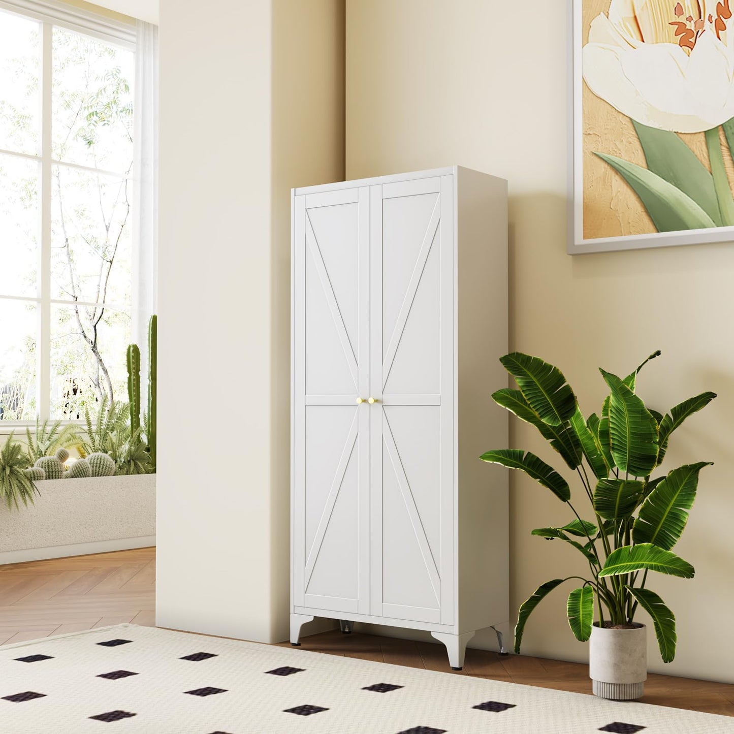 65" Tall Kitchen Cabinet,Food Pantry Cabinets with Doors and Adjustable Shelves,White Metal Storage Cabinets,Large and Portable Arganization Cabinet for Pantries Kitchen Living Room Bathroom