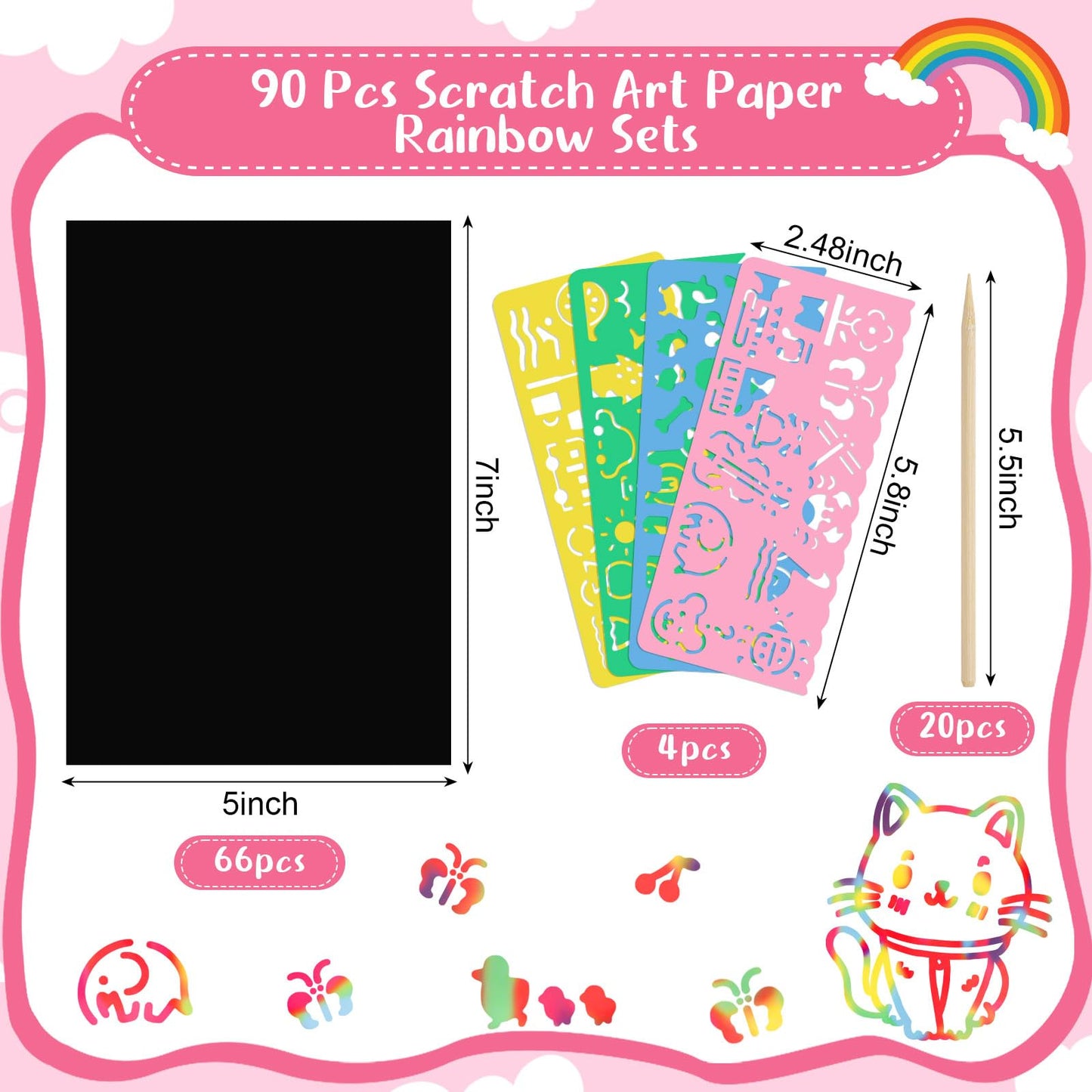 90 Pcs Scratch Art Paper Rainbow Sets, Scratch Paper Rainbow Black Scratch Off Paper Art Gifts for Kids Art Craft Supplies Kits