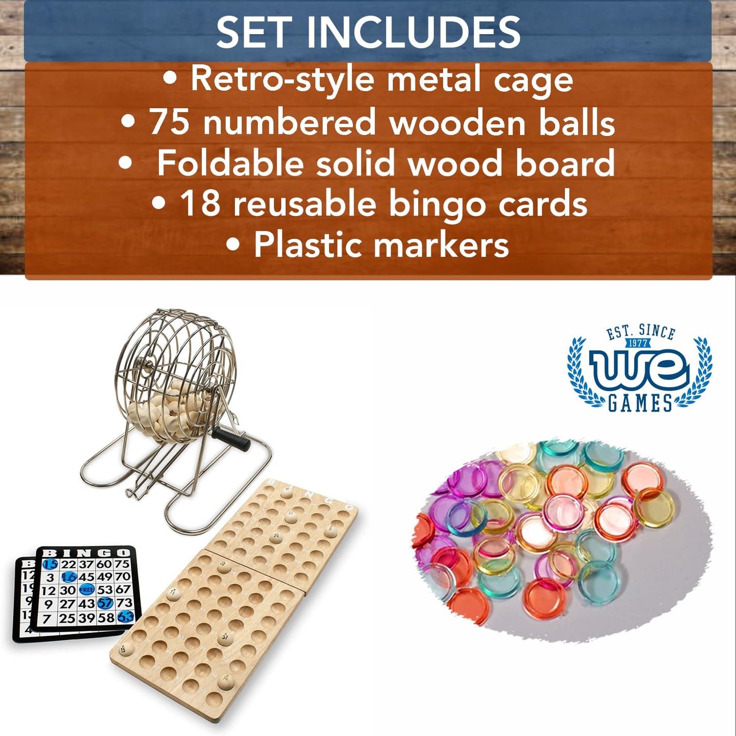 WE Games Retro Bingo Game Set with Metal Rotary Cage, Deluxe Wooden Master Board, Wood Balls, Party Games for Families, Fairs, and Churches