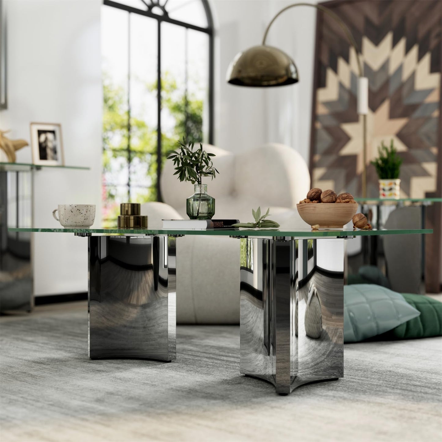 3-Piece Coffee Table Set, Modern Coffee Table & 2 End Table, Living Room Tables with Tempered Glass Top and Silver Mirrored Stainless Steel Geometric Base