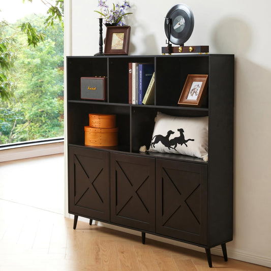 VitoEone Bookcase, Tall Bookshelf Bookcase with Doors, Book Shelves Book Shelf for Bedroom, Black Bookshelf Cabinet with Storage, Book Cases Display Cabinet Bookshelves for Home Office, Living Room