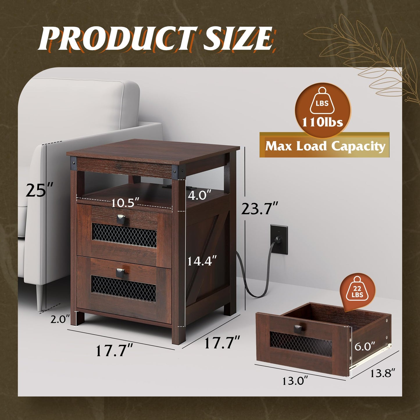 WLIVE Side Table with Charging Station, Farmhouse End Table, Bed Side Table with 2 Mesh Drawers Storage & Open Shelf, Rustic Wooden Cabinet Night Stand for Bedroom, Living Room, Espresso