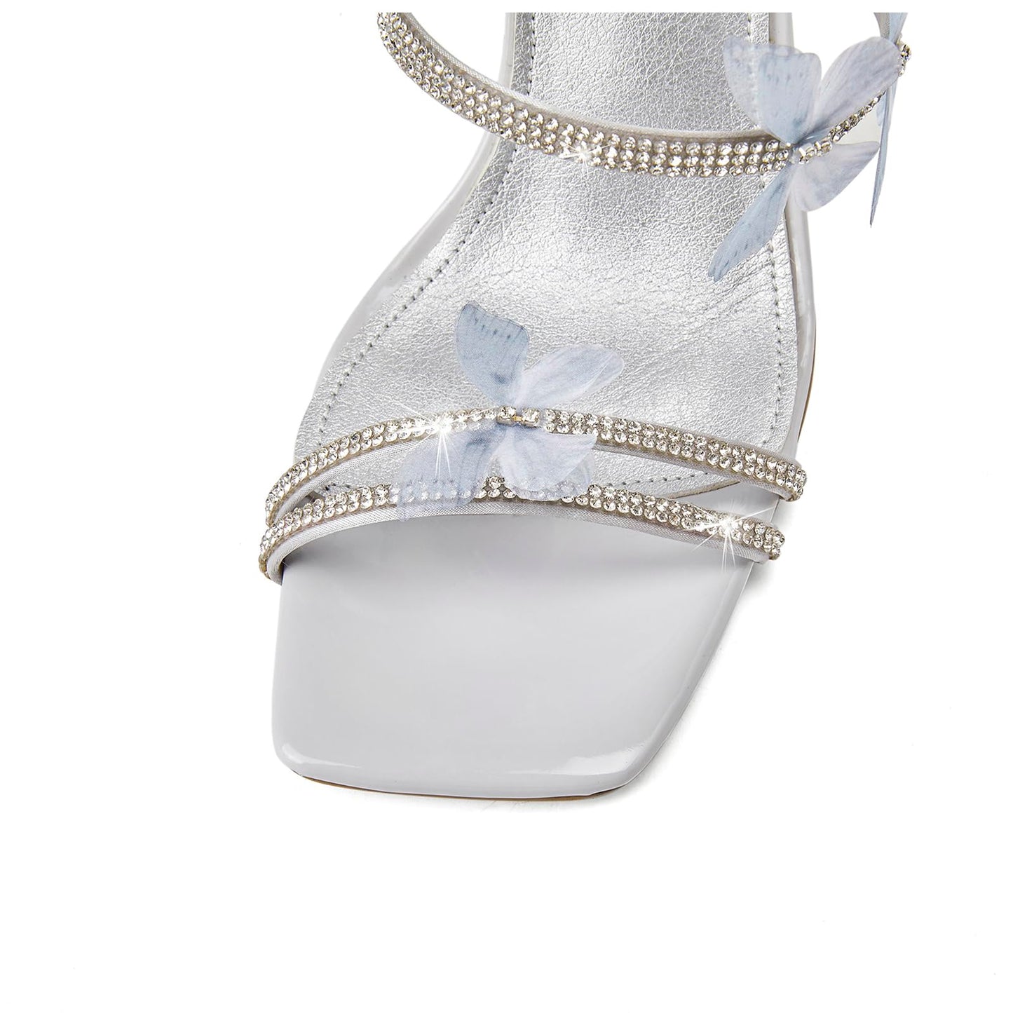 VOZTOLLS Women's Rhinestone Crystal Butterfly High Heels Stylish Open Square Toe Spiral Ankle Strap Dress Chunky Heeled Sandals For Wedding Party Banquet Silver Size 8