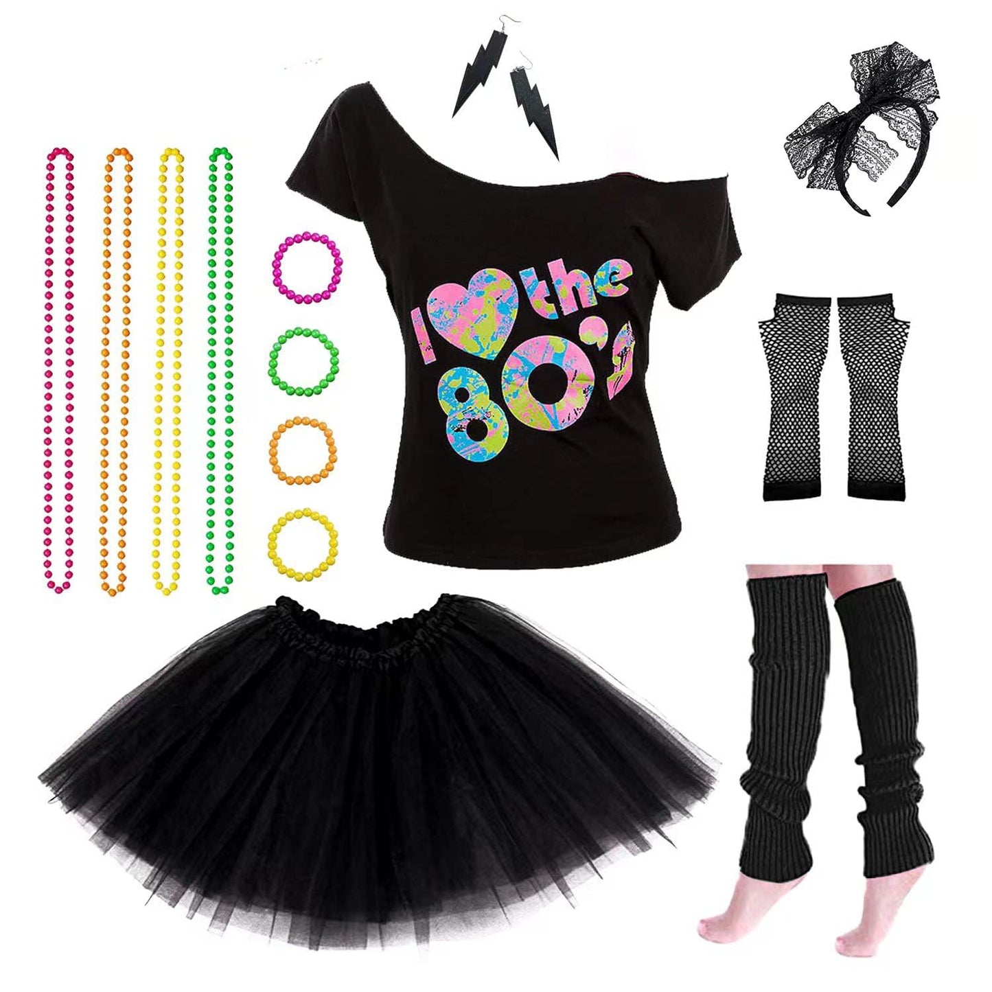 Women's 80's Costumes with Accessories Set Black Tutu Skirt Earrings Necklace Bracelets Fishnet Gloves Legwarmers Headband Small(2-4)