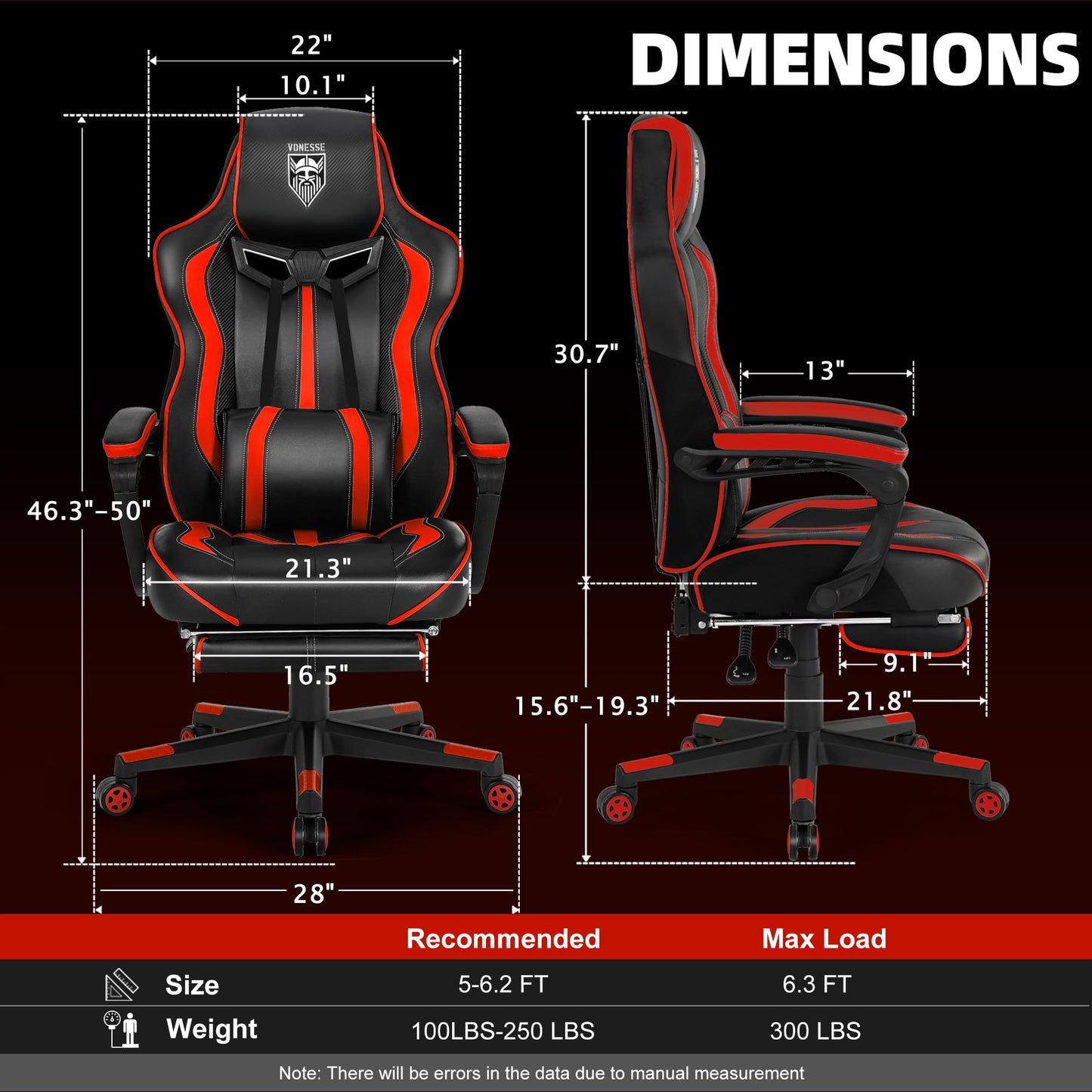 Vonesse Reclining Gaming Chair with Footrest Gaming Computer Chair with Massage Recliner Computer Chair Big and Tall Gaming Chairs for Adults(Red/Black)