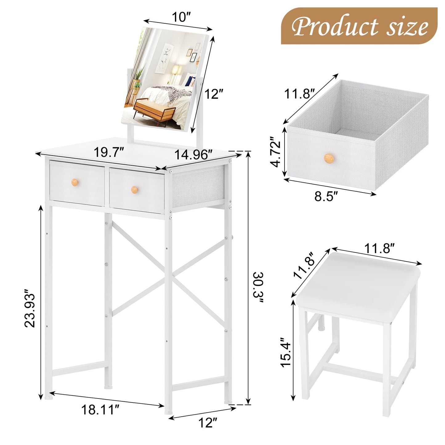 X-cosrack Small Makeup Vanity Desk with Mirror & Chair, Mini Vanity Desk Table Set with Fabric Storage Drawer, 19.7" Compact Vanity Desk for Girls, Dressing Table with Chair for Bedroom, White